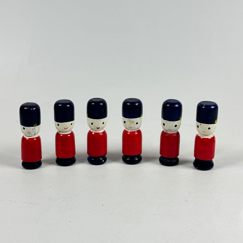 Vintage Wooden Hand Painted Red White & Blue Soldier Peg Figures Set of 6